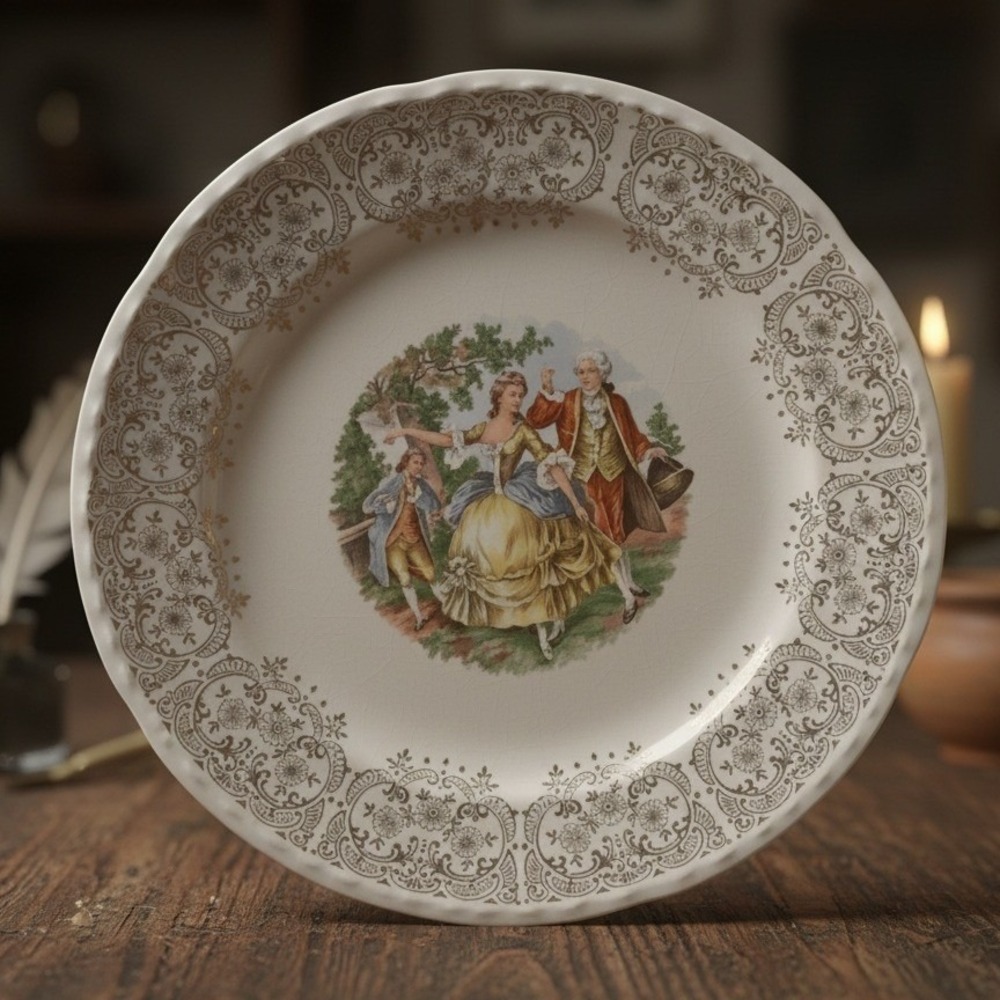 Crooksville China Decorative Plate, Colonial Couple Dancing, Gilded Rim, Vintage